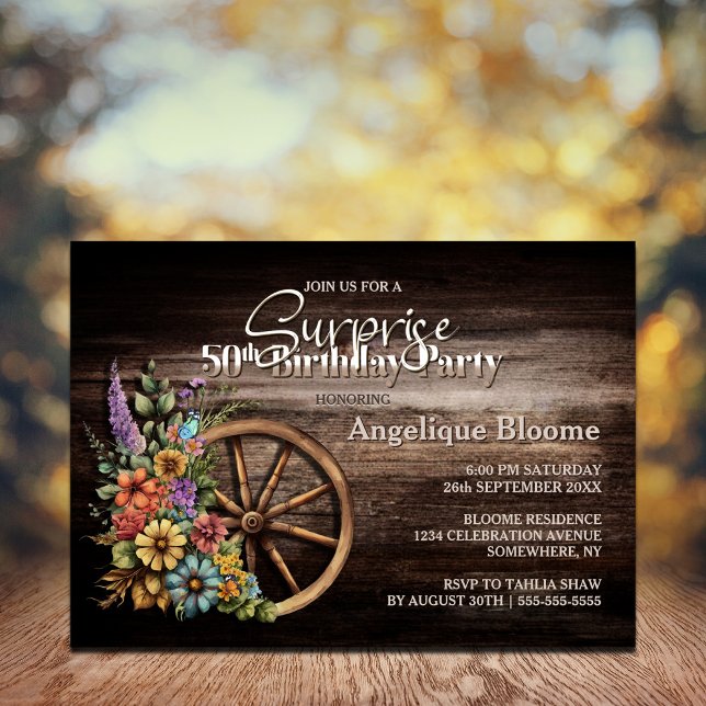 Convites Rustic Wood Floral Surprise 50th Birthday (Criador carregado)
