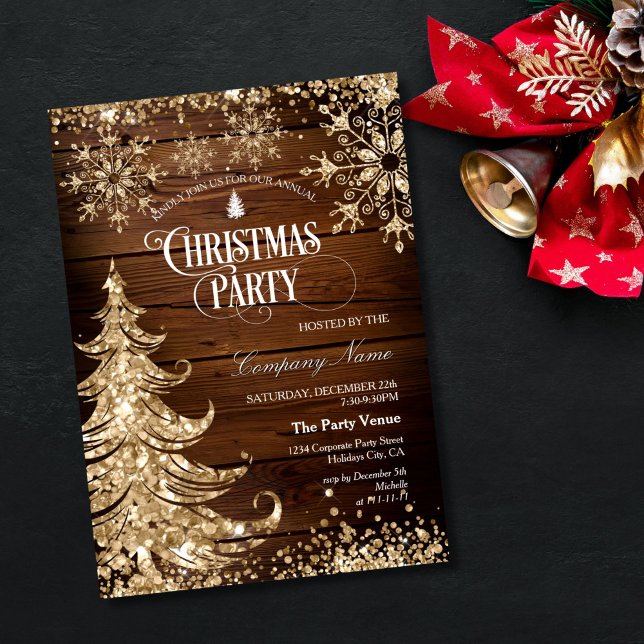 Convites Rustic Wood Gold Glitter Corporate Christmas Party (GLITER GOLD CHRISTMAS TREES ON THE WOOD BACKGROUND,  CHRISTMAS PARTY INVITATION)