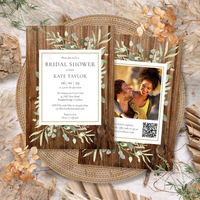 Convites Rustic Wood Greenery Código QR Chá de panela Fotog (Rustic Wood Greenery QR Code Photo Bridal Shower Invitation)