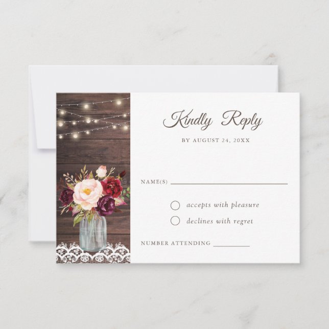 Convites Rustic Wood Lace Blush Burgundy Mason Jar RSVP (Frente)