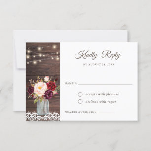Convites Rustic Wood Lace Blush Burgundy Mason Jar RSVP