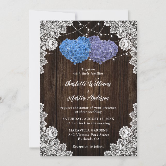 Convites Rustic Wood Lace Purple and Blue Floral Wedding (Frente)