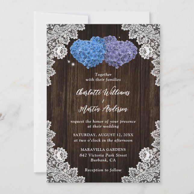 Convites Rustic Wood Lace Purple and Blue Floral Wedding (Frente)