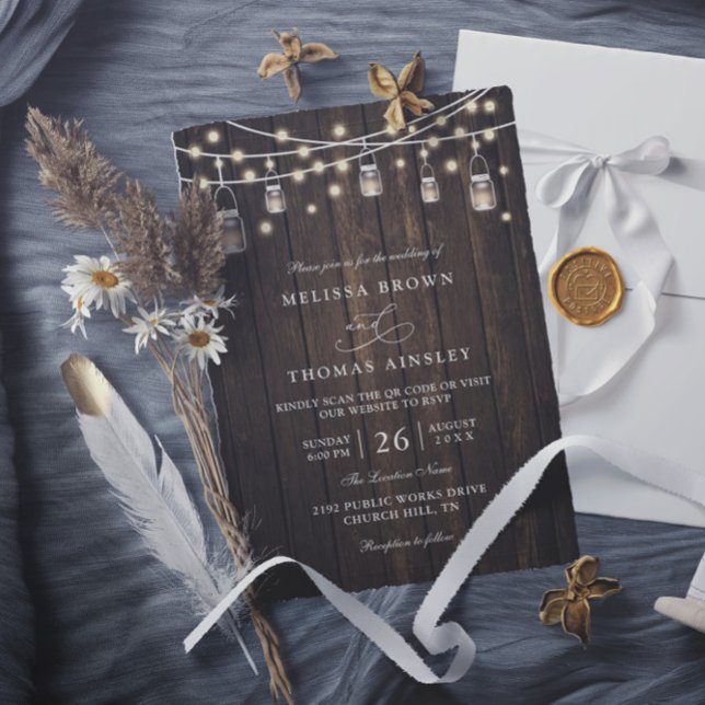 Convites Rustic Wood & Lights Country Chic QR Code Wedding (Criador carregado)