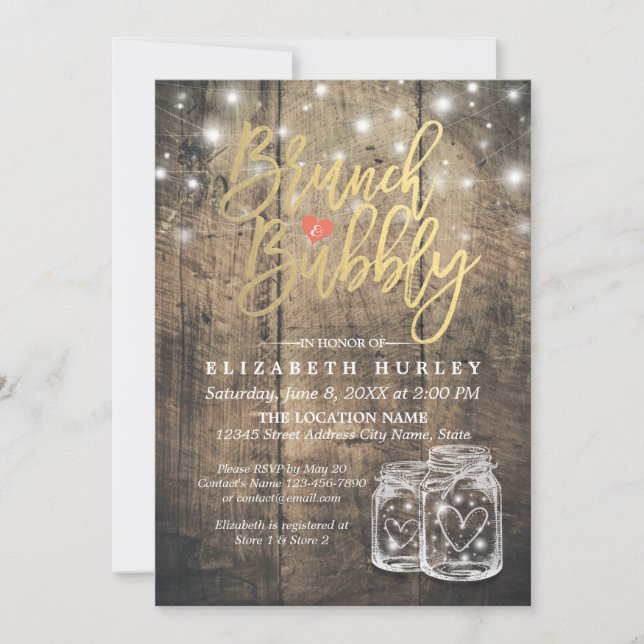 Convites Rustic Wood Mason Jar String Light Brunch & Bubble (Frente)