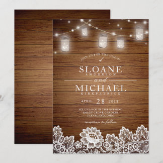 Convites Rustic Wood Mason Jar String Luzes Lace Casamento