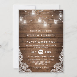 Convites Rustic Wood Mason Jars String Luzes Lace Casamento