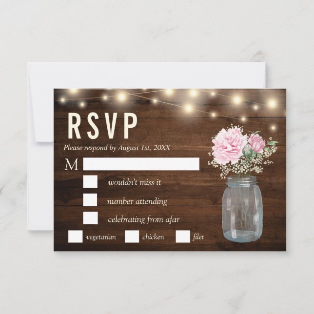 Convites Rustic Wood Peony Floral Mason RSVP Meal (Frente)
