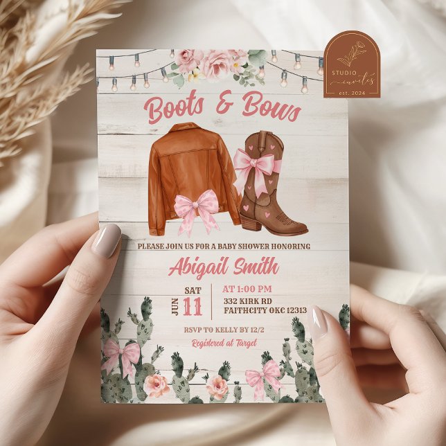 Convites Rustic Wood Pink Boots and Bows Baby Shower (Criador carregado)