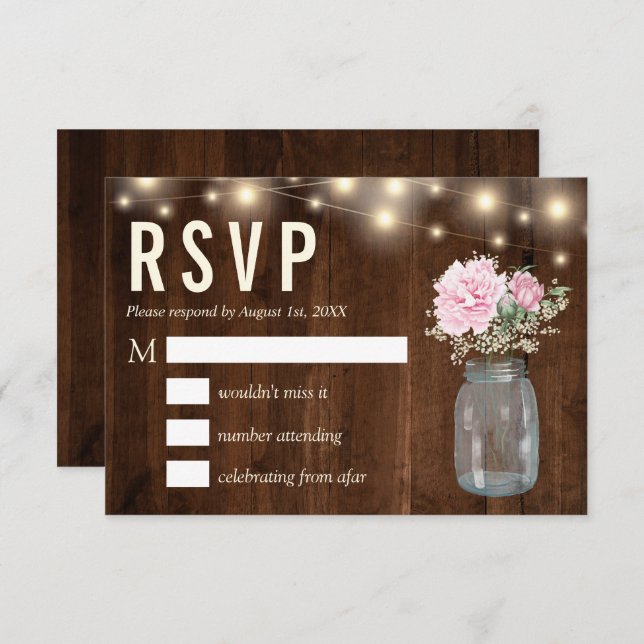 Convites Rustic Wood Pink Peony Floral Mason | Placa RSVP (Frente/Verso)