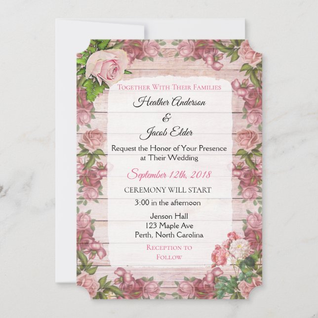 Convites Rustic Wood Pink Rose Elegante Invitórios para Cas (Frente)