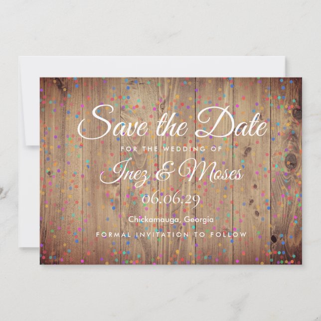 Convites Rustic Wood Rainbow Confetti Salvar a Data (Frente)