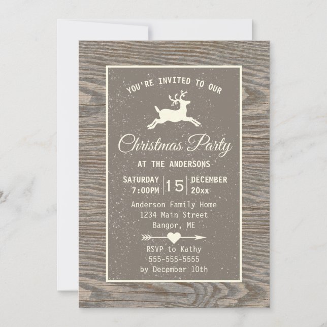 Convites Rustic Wood Reindeer Country Beige Christmas Party (Frente)