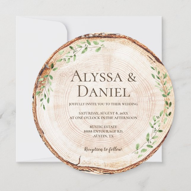 Convites Rustic Wood Slice with Greenery woodland wedding (Frente)