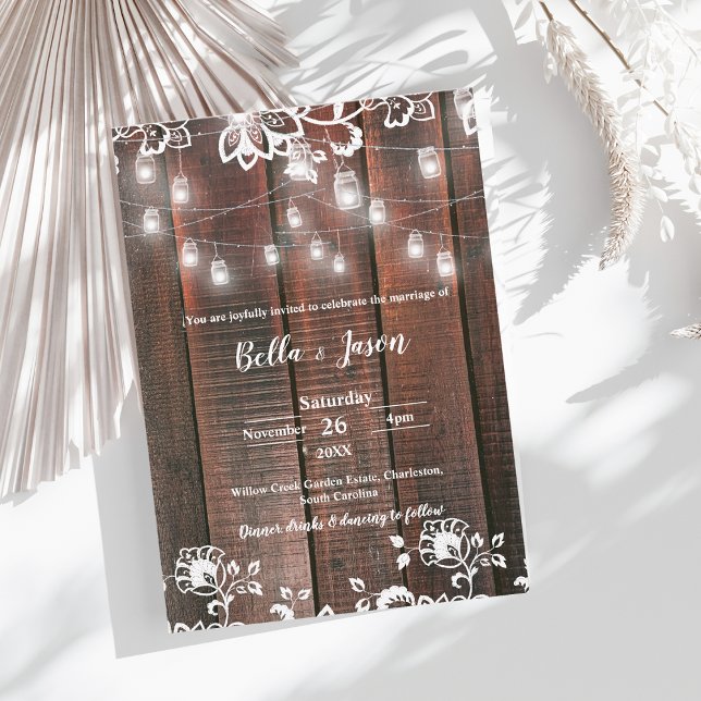 Convites Rustic Wood String Light Barn Lace Country Wedding (Rustic Wood String Lights Wedding Invitation | Barn Lace Wood Country Wedding Invite)