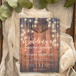 Convites Rustic Wood String Lights Antler Wedes