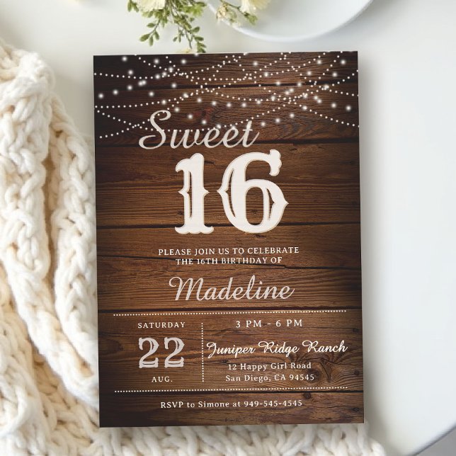 Convites Rustic Wood String Lights Barn Elegant Sweet 16 (rustic sweet 16 birthday party invitation barn wood string lights backyard outdoors cowboy type)