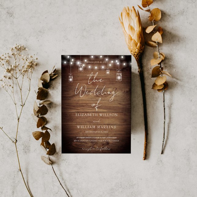 Convites Rustic Wood String Lights Casamento Código QR RSVP (Criador carregado)