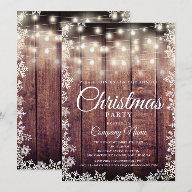 Convites Rustic Wood String Lights Corporate Holiday Party (Frente/Verso)