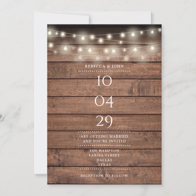 Convites Rustic Wood String Lights Date De Casamento (Frente)