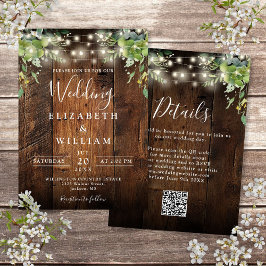 Convites Rustic Wood String Lights Greenery Código QR Casam