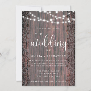 Convites Rustic Wood String Lights Lace Weditation