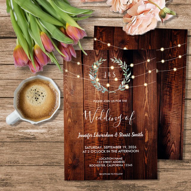 Convites Rustic wood string lights monogram country Wedding (Rustic wood string lights monogram country Wedding Invitation. For your rustic country wedding.)