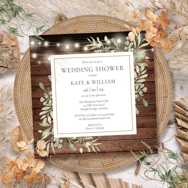 Convites Rustic Wood String Luz Chá de casamento Verde (Rustic Wood String Lights Greenery Wedding Shower Invitation)