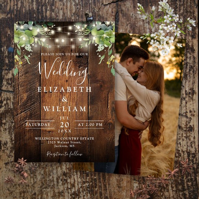 Convites Rustic Wood String Luz Greenery Foto Casamento (Rustic Wood String Lights Greenery Photo Wedding Invitation)