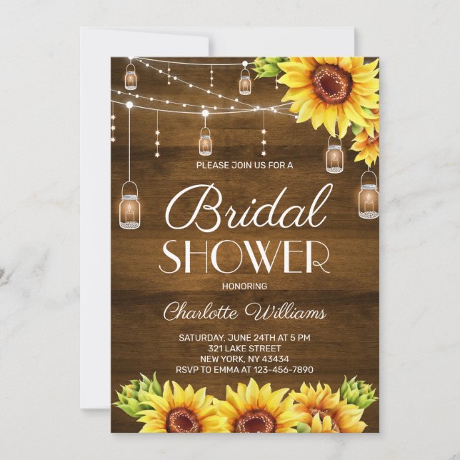 Convites Rustic Wood Sunflower Bridal Shower (Frente)