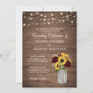 Convites Rustic Wood Sunflower Burgundy Mason Jar Wedding