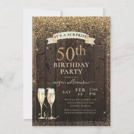 Convites Rustic Wood Surprise 50º aniversário Dourado da Gl