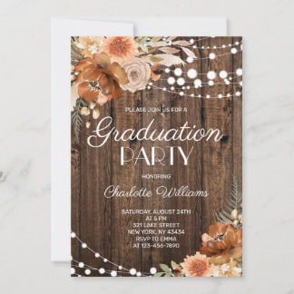 Convites Rustic Wood Terracotta Floral Graduation Party