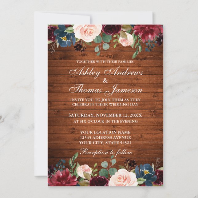 Convites Rustic Wood Wedding Floral Burgundy Blue Invite (Frente)