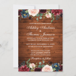 Convites Rustic Wood Wedding Floral Burgundy Blue Invite