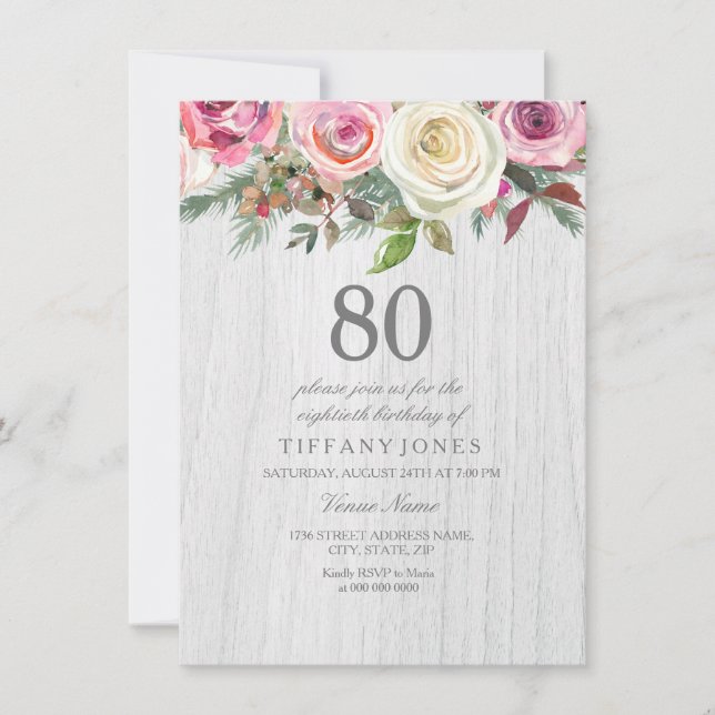 Convites Rustic Wood White Rose Floral 80 Birthday Invite (Frente)
