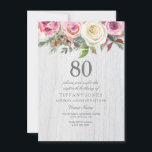 Convites Rustic Wood White Rose Floral 80 Birthday Invite<br><div class="desc">Rústica Madeira Branca Rosa Floral 80 Aniversário Convidar belos e elegantes design de cor d'água floral Totalmente Personalizável / personalizado</div>