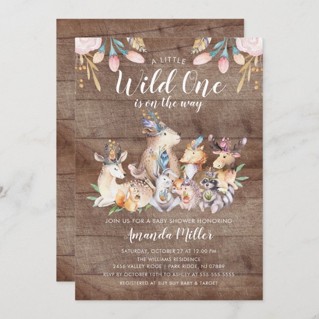 Convites Rustic Woodland Amigos Wild One Chá de fraldas (Frente/Verso)