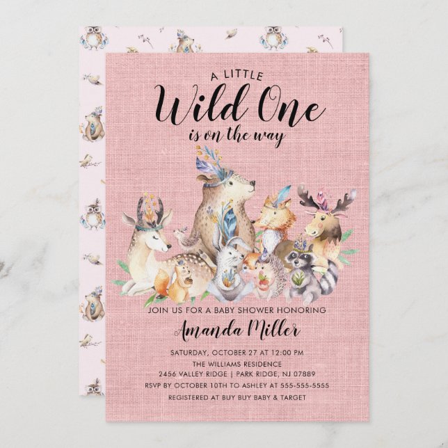 Convites Rustic Woodland Amigos Wild One Girls Chá de frald (Frente/Verso)