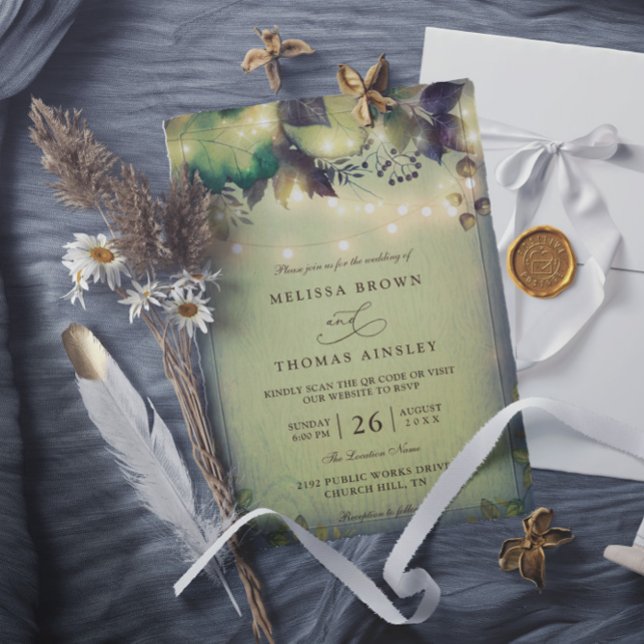 Convites Rustic Woodland Barn String Lights QR Code Wedding (Criador carregado)