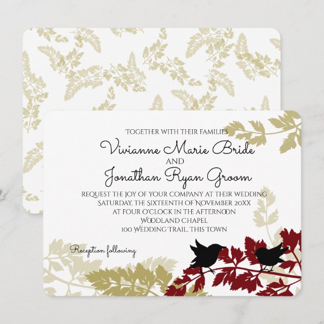 Convites Rustic Woodland Birds Burgundy e Casamento Dourado (Frente/Verso)