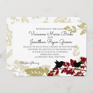 Convites Rustic Woodland Birds Burgundy e Casamento Dourado