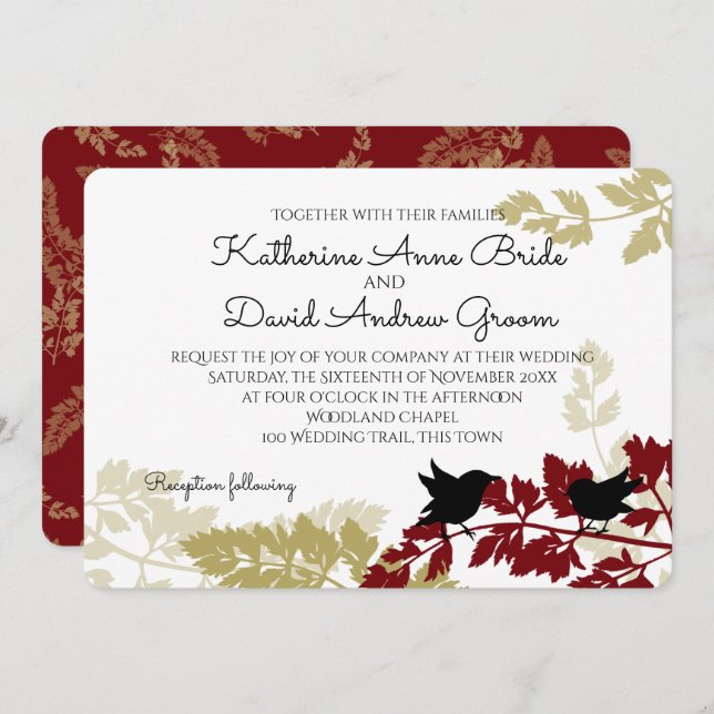 Convites Rustic Woodland Birds Burgundy e Casamento Dourado (Frente/Verso)