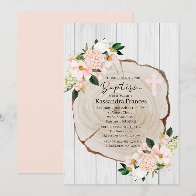 Convites Rustic Woodland Blush Floral Baptism (Frente/Verso)