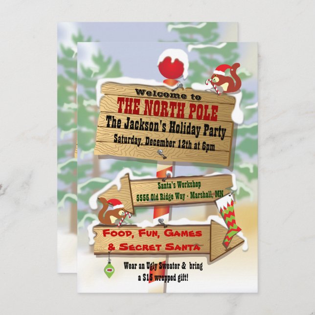 Convites Rustic Woodland North Pole assina Feriado (Frente/Verso)