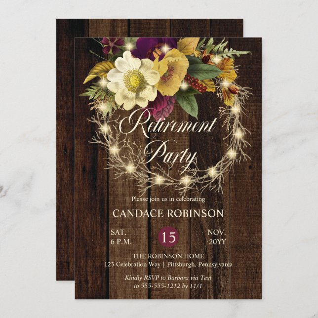 Convites Rustic Woodsy Lighted Wreath Retirement Party (Frente/Verso)
