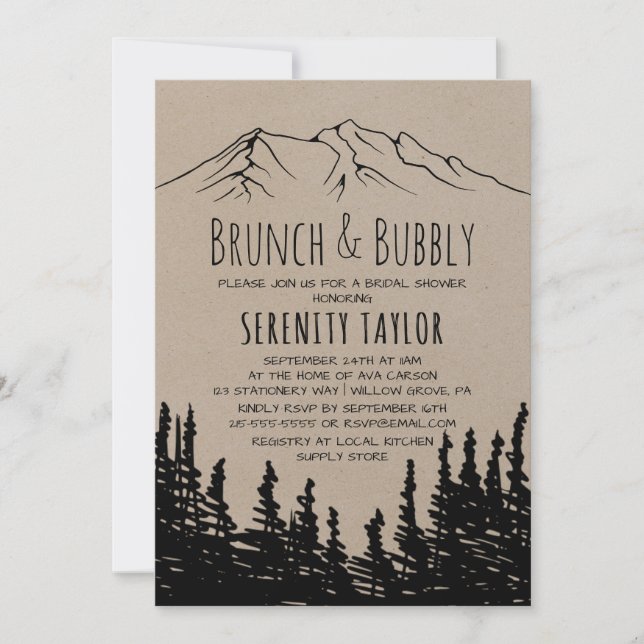 Convites Rustic Woodsy Mountain Brunch e Bubble (Frente)