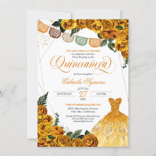 Convites Rustic Yellow Rose Glitter Gown Fiesta Quinceañer