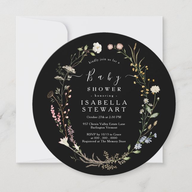 Convites Rústica Aquarela Chá de fraldas Preto de Flor Selv (Frente)