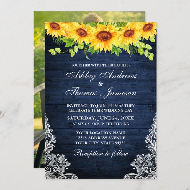 Convites Rústica Azul Madeira Floral de Girassol (Frente/Verso)